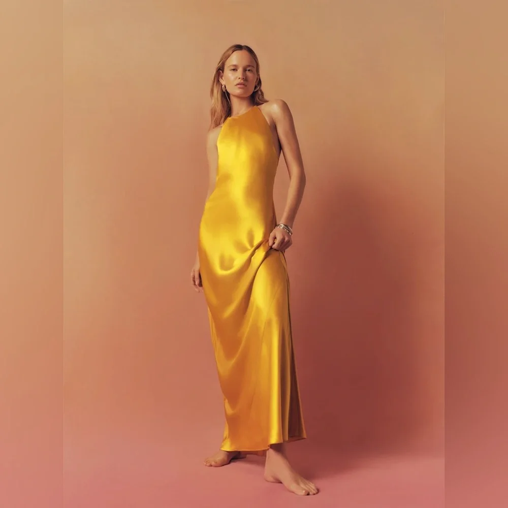 Reformation Jeany Silk Dress Tumeric Size Large NWT - Picture 3 of 16